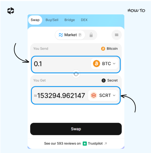 Choose the coins to send and receive, provide the amount 